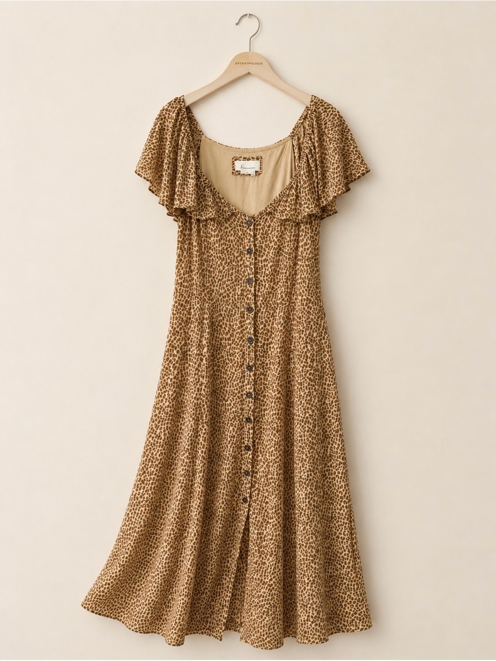 Anthropologie Bolano Brown Leopard Print Dress Button Front Flutter Sleeve 12